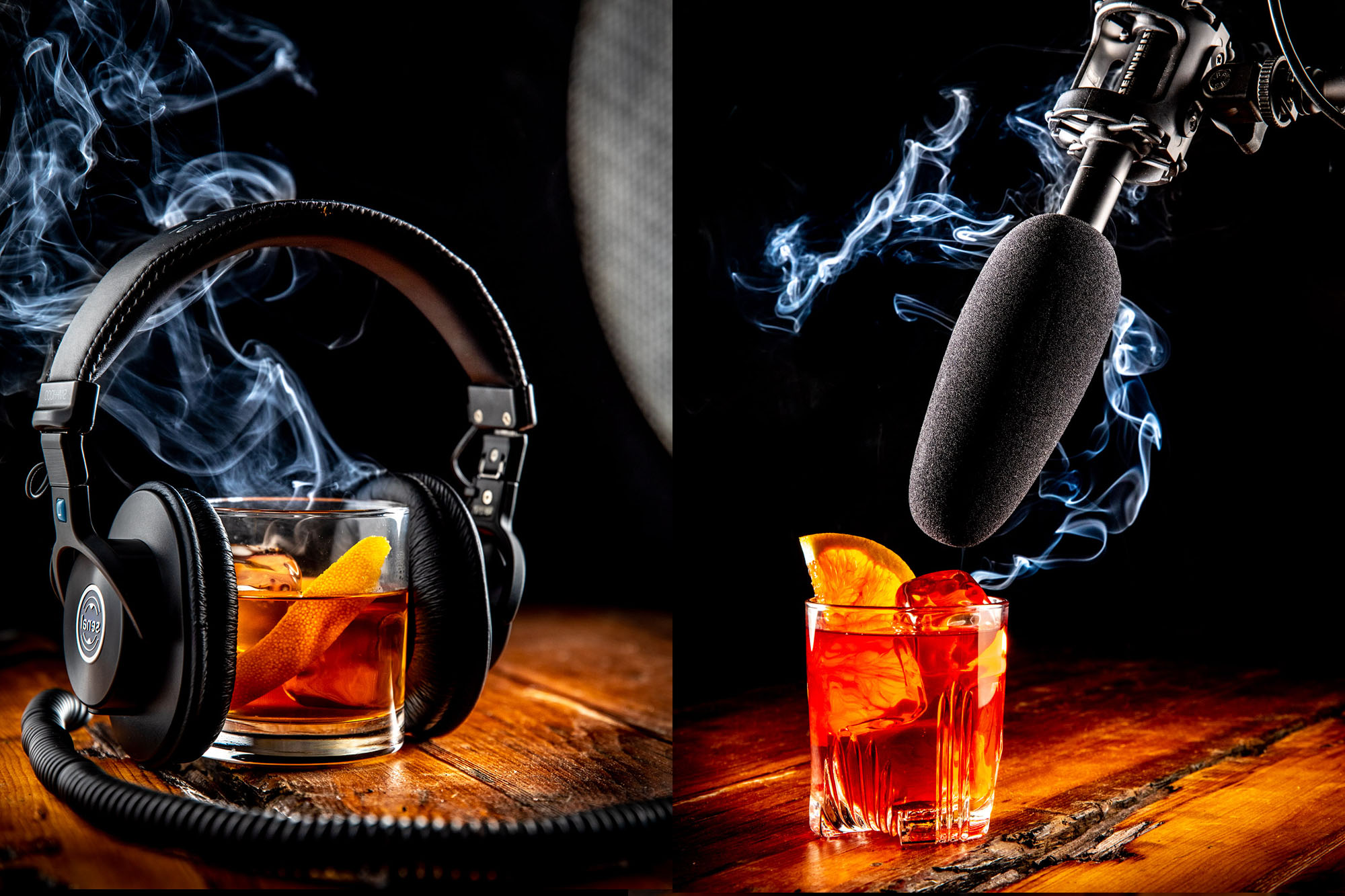 Dramatic cocktails with smoke spewing out of them