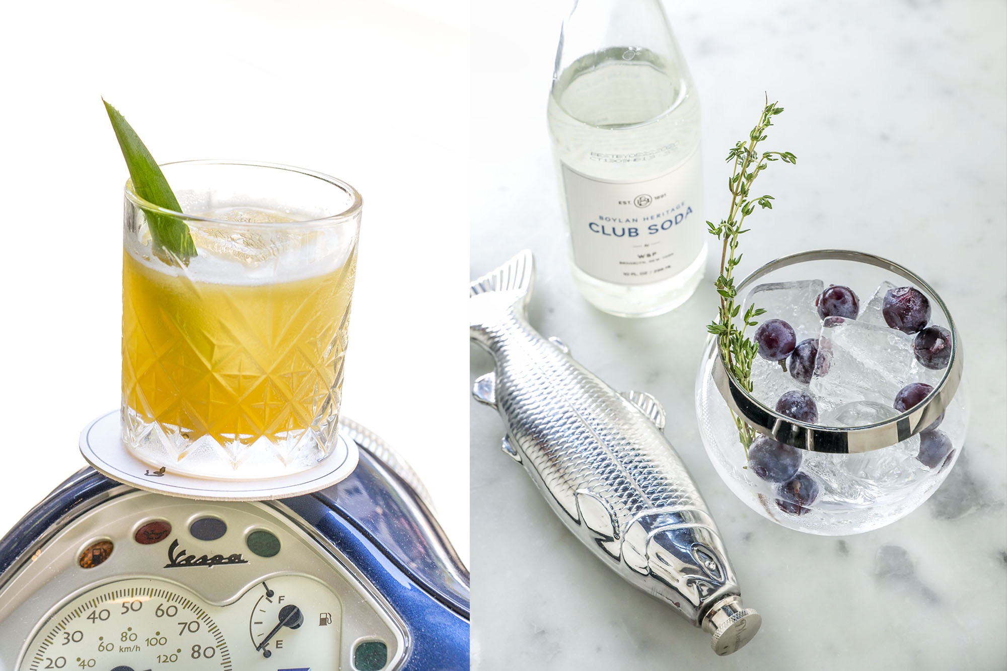 An Italian cocktail on a Vespa. And a cocktail served in a flask with blueberries and thyme.