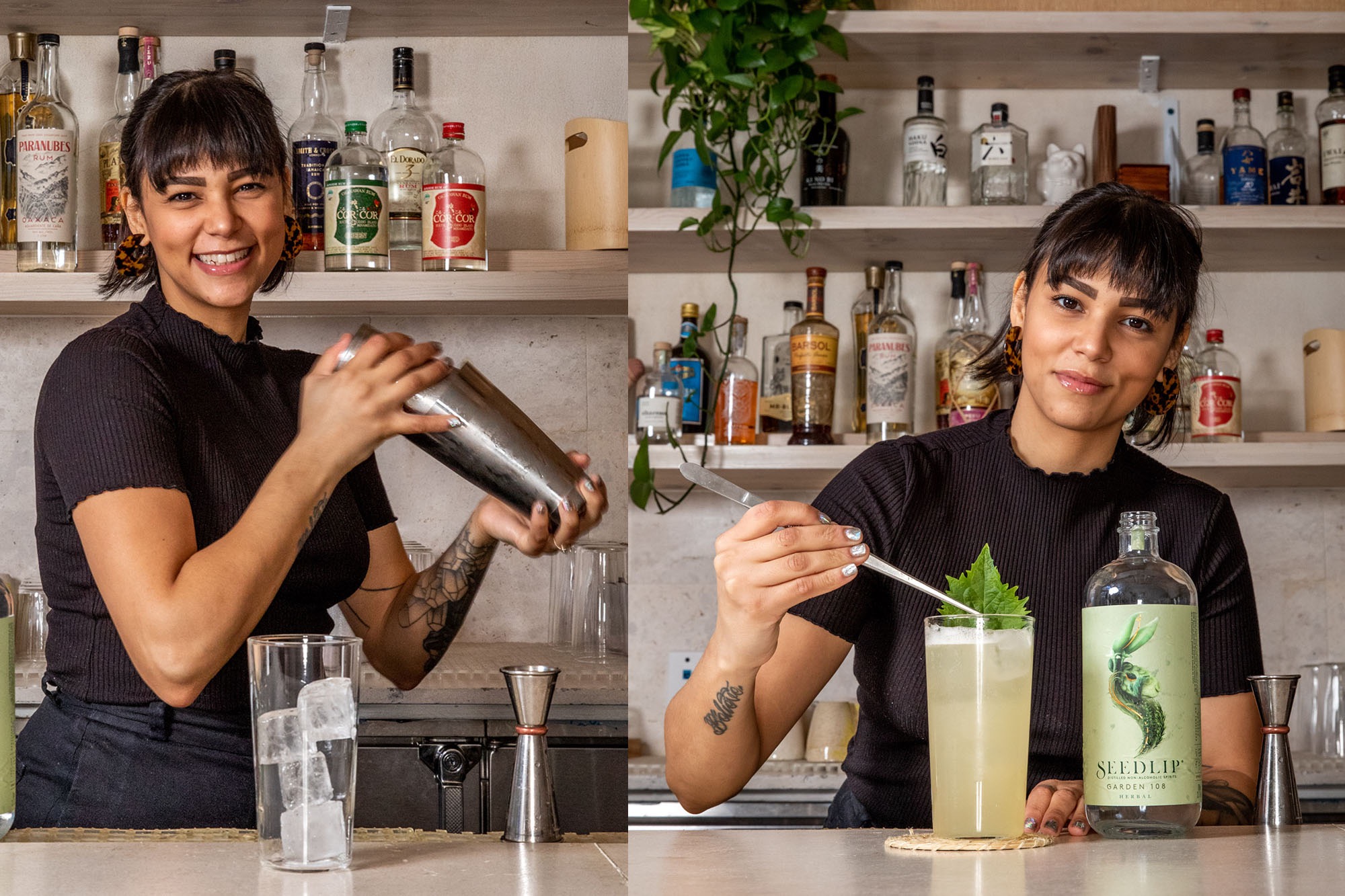 Bartender shaking a coktail and garnishing it with a leaf