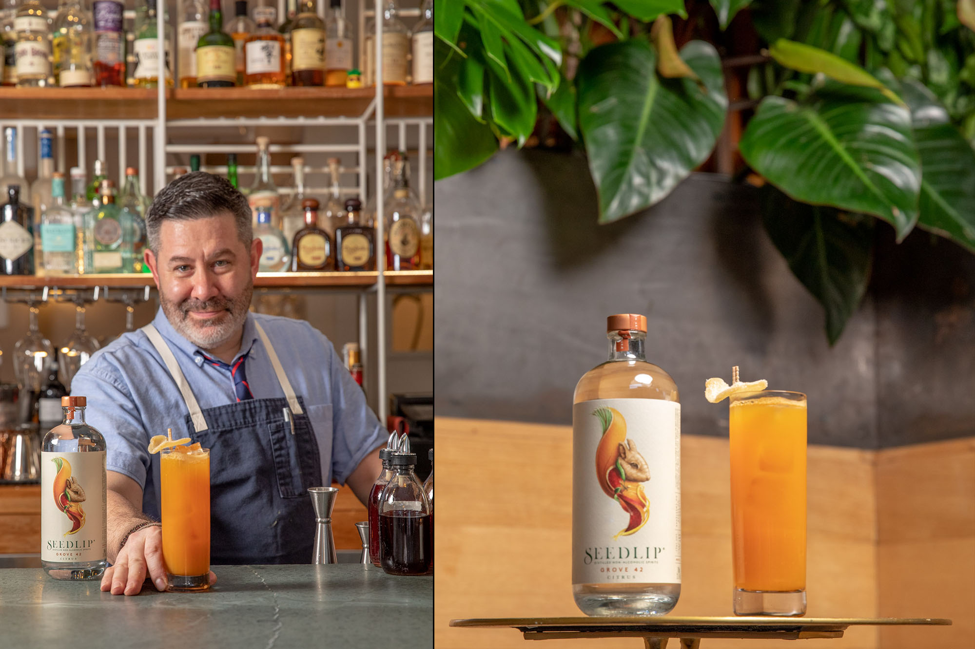 Bartender serving a cocktail made with the non-alcoholic spirit Seedlip.