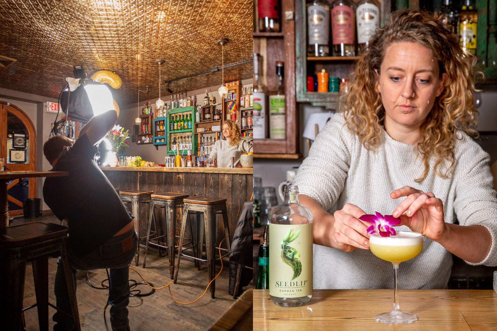 A bartender serving a cocktail and a behind the scenes of that photograph being made