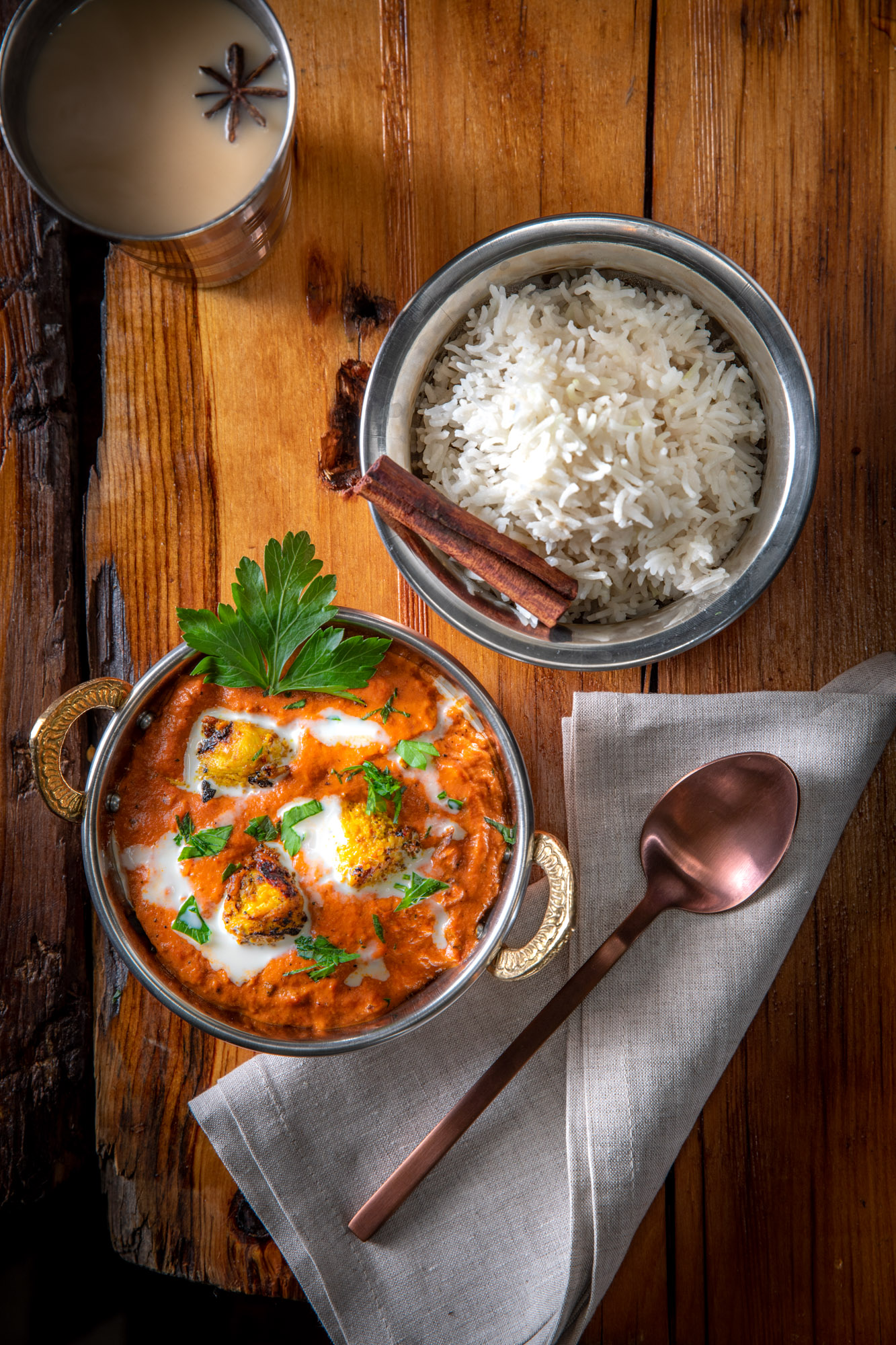 Chicken tikka masala photographed from overhead