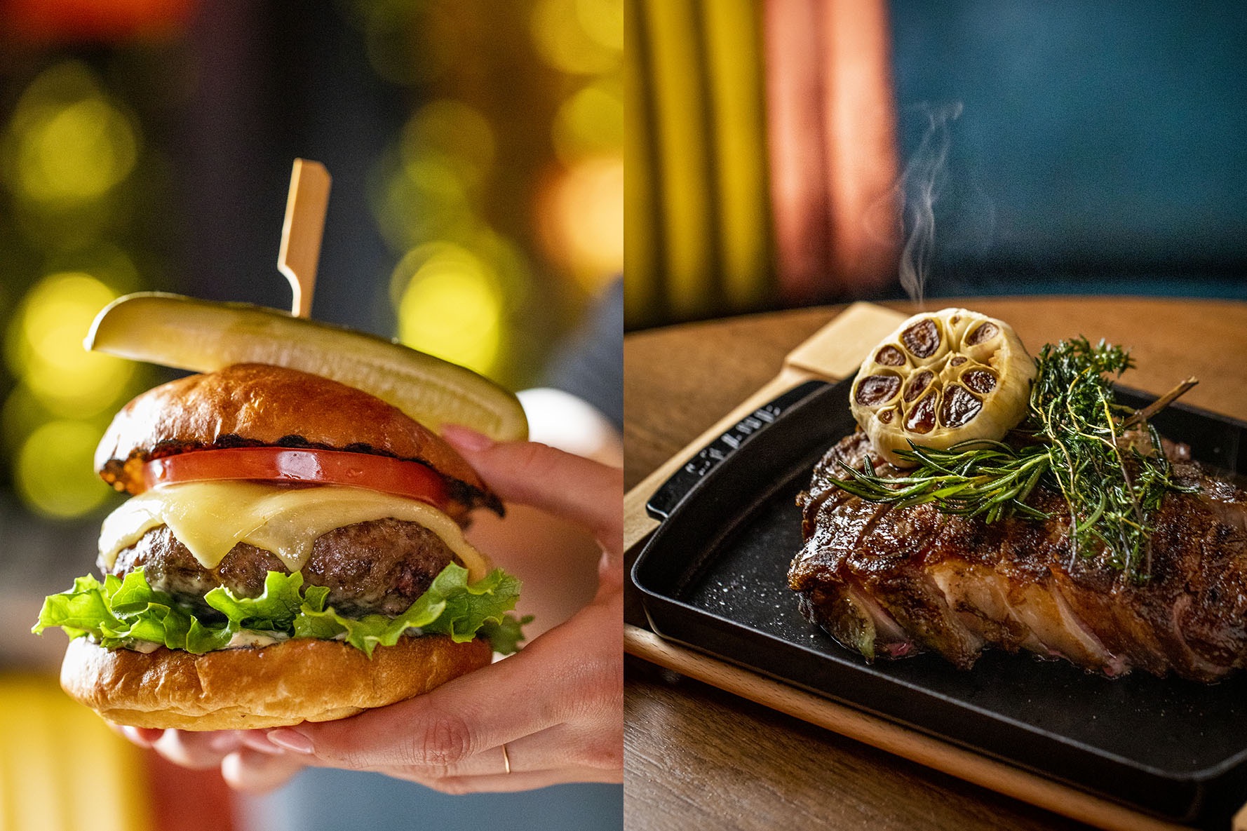 A burger and a steak from the restaurant Feroce in Manhattan.