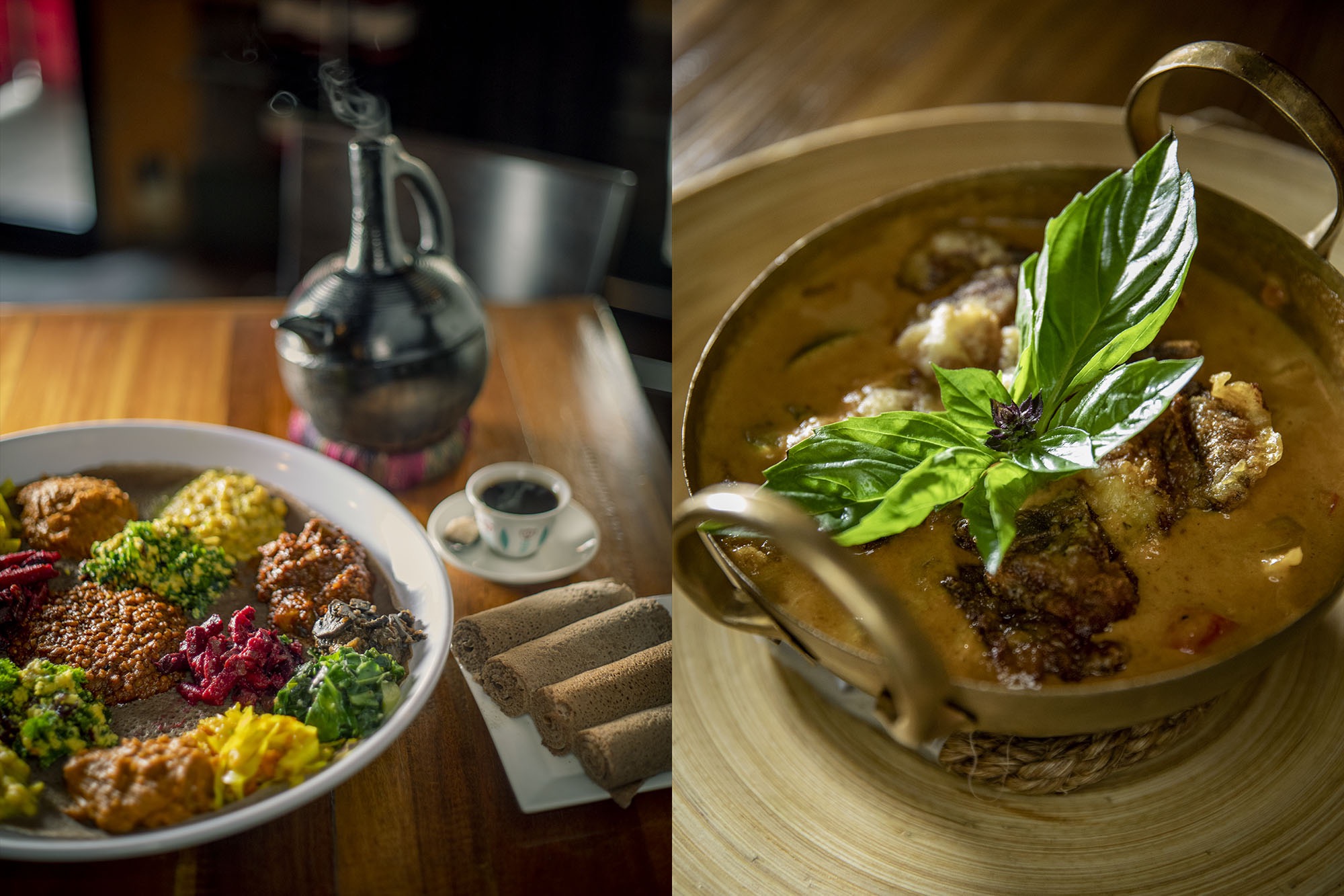 Ethiopian food from Bunna Cafe in Brooklyn on the left, spicy Thai food adorned with a basil leaf on the right.