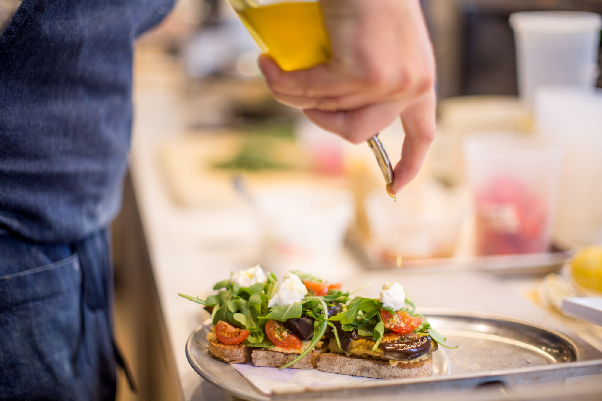 Closeup of food being prepared in the kitchen.