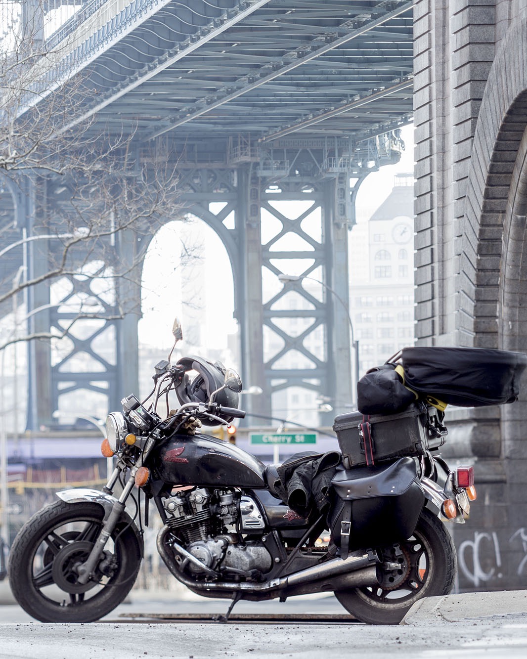 A motorcyle loaded with camera equipment in New York City