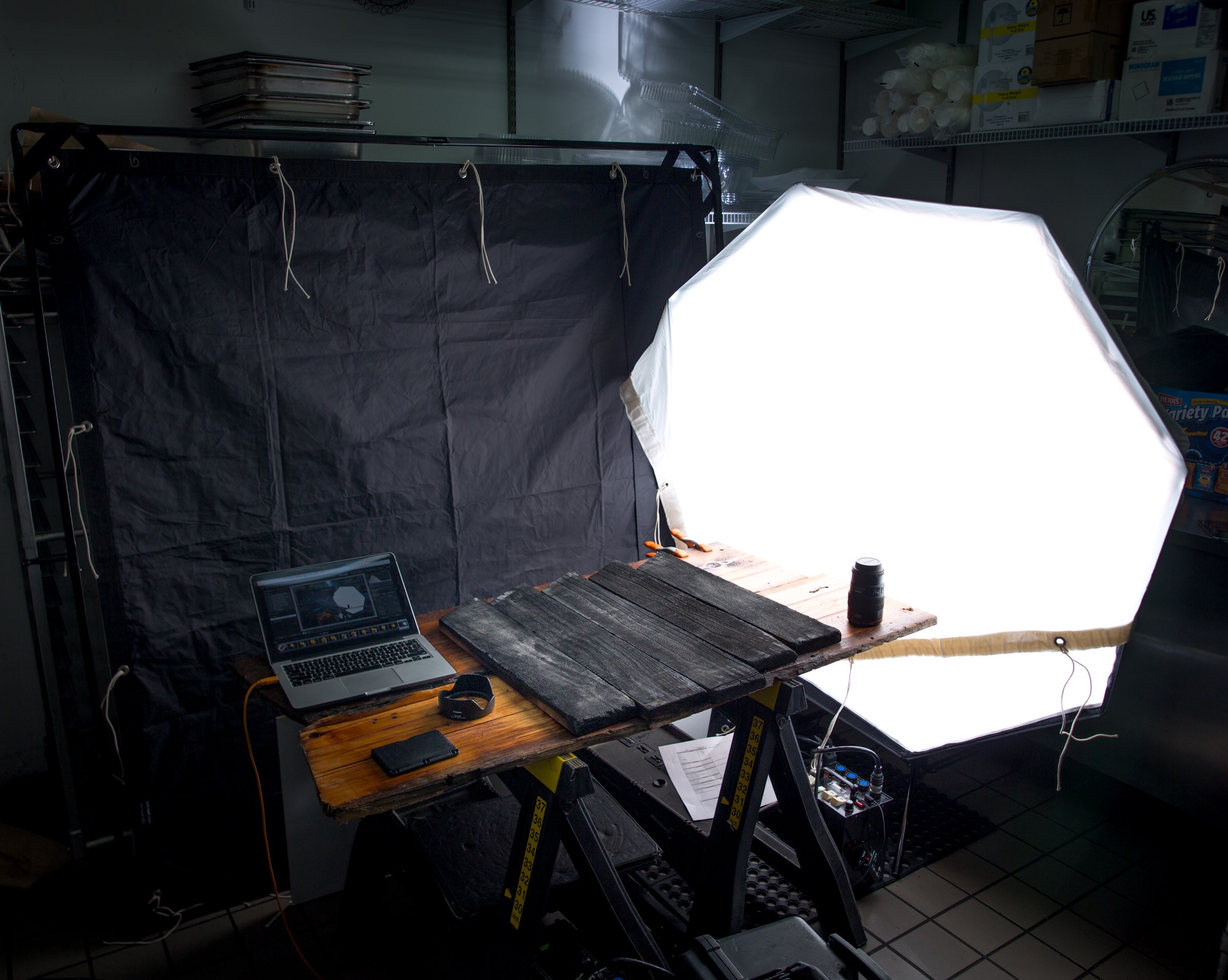 Behind the scenes of food being photographed in the kitchen