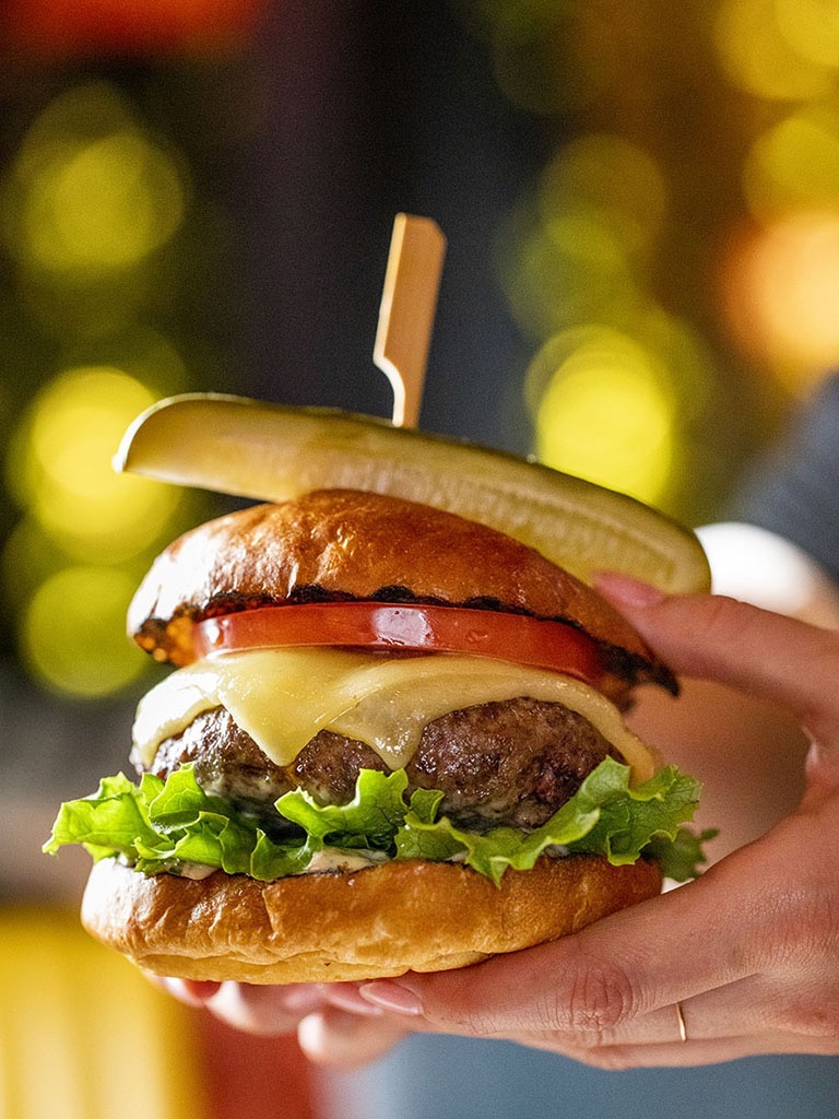 Hero shot of a burger at an Italian restaurant