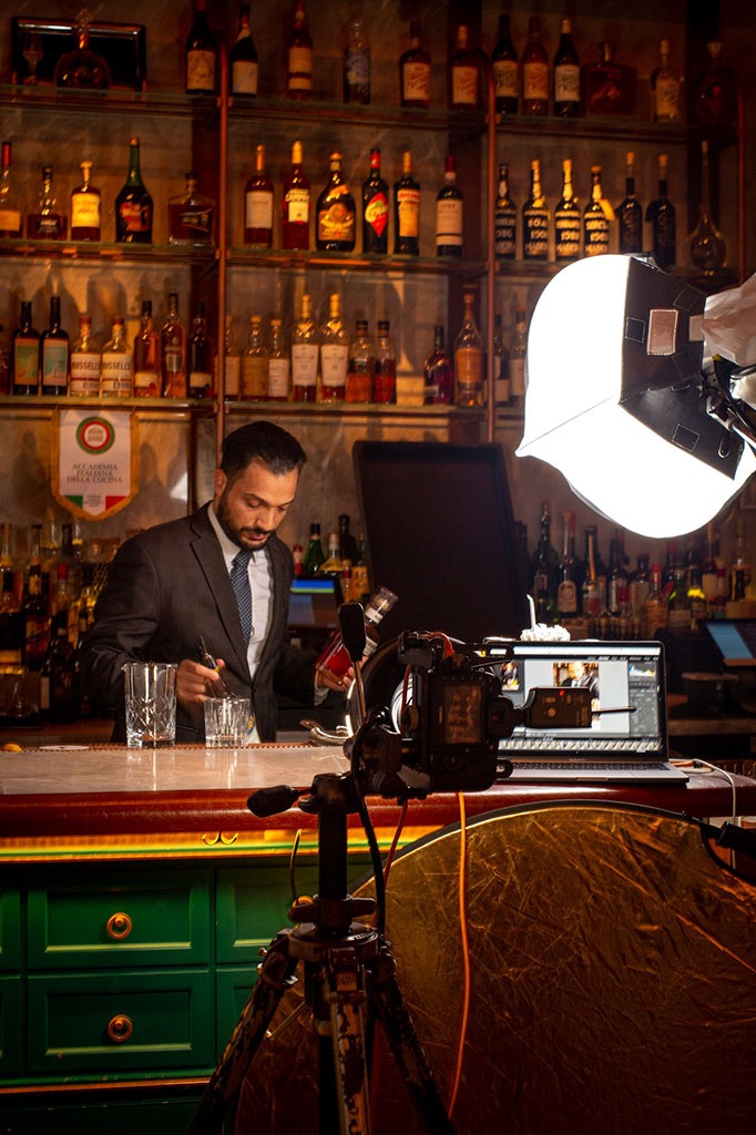 Pietro behind the bar making cocktails at Feroce in New York