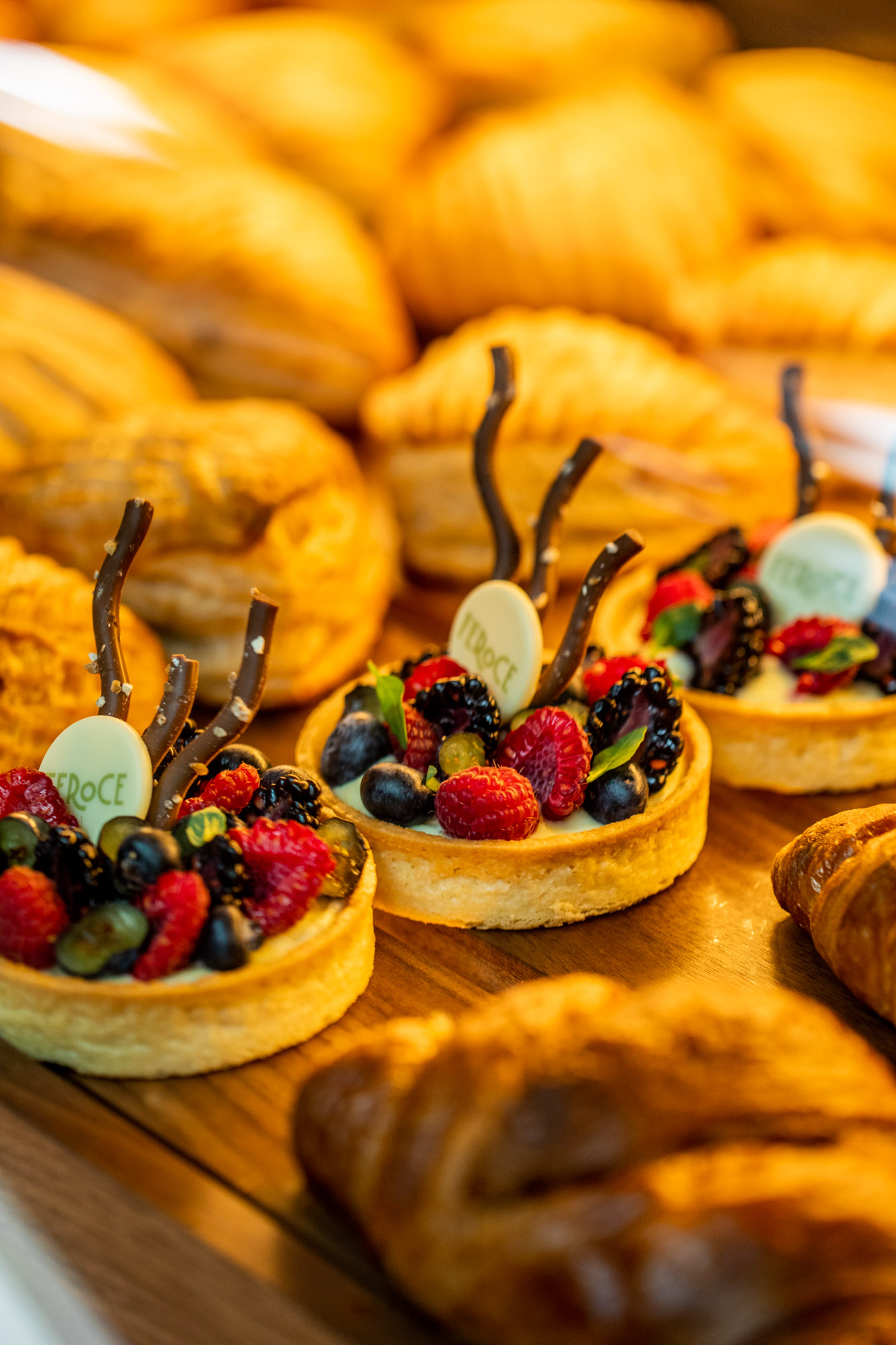 Italian pastries in a display case at a cafe