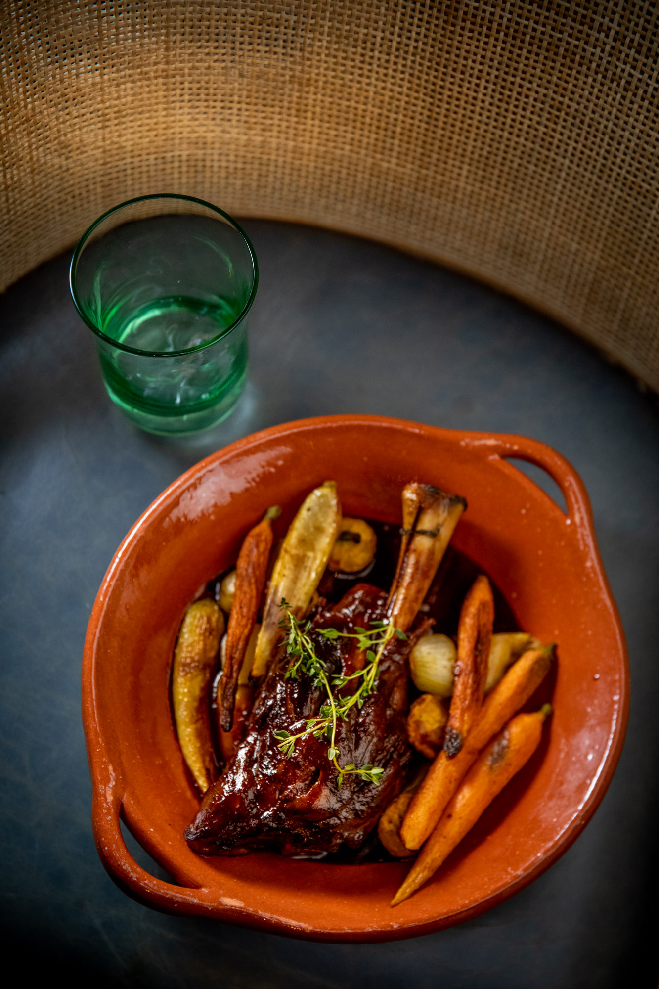 Braised meat and carrots in a subdued setting