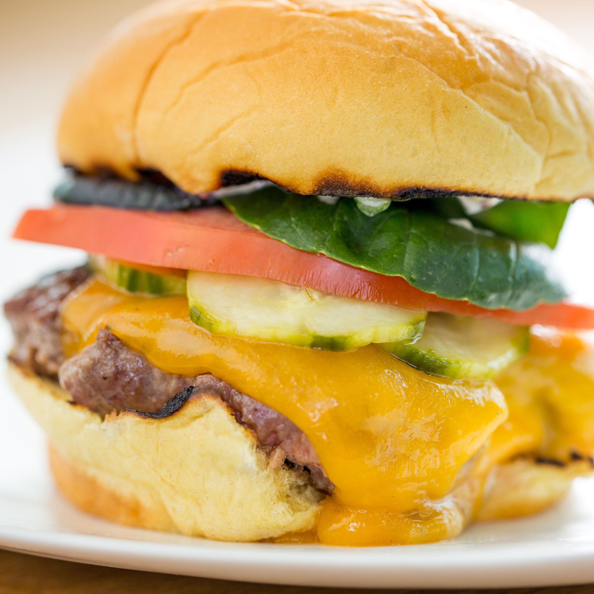 A closeup photograph of a melty cheeseburger
